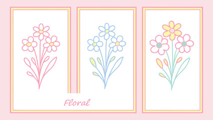 Three minimalist floral drawings in pastel colors illustration