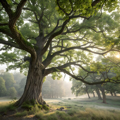 Fototapeta premium Majestic Oak Tree in Morning Mist: A Serene Nature Scene
