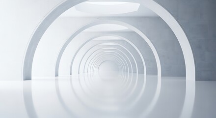 Obraz premium Clean, minimalist architectural rendering of a receding hallway with arches, offering ample copy space, showcasing a cool, neutral color palette and a perspective shot.