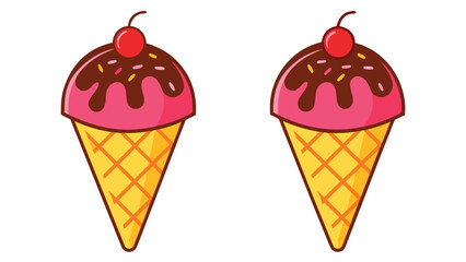 Two stylized pink ice cream cones with chocolate topping and cherries