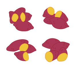 A set of hand-drawn sweet potato illustrations, available whole or sliced. Ideal for food illustrations, crops, farming, diet, fall themes, healthy eating, and recipe graphics.