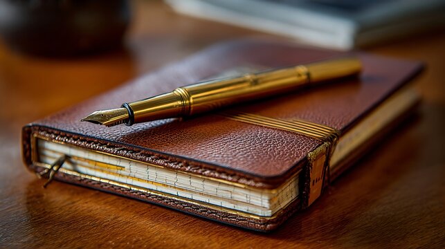 A close-up view of a brown leather notebook resting on a wooden surface, with a golden fountain pen placed on top, highlighting the detail and elegance of the writing implements.