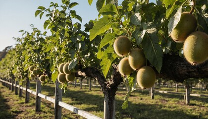 A orchard filled with ripe kiwis hanging from trees, framed by a wooden fence and green grass under a clear blue sky