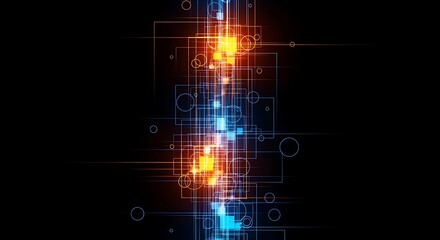 Vertical abstract glowing data stream with copy space, showcasing vibrant blue and orange hues against a black background. Digital technology concept.