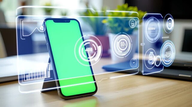 Digital Interface on a Modern Mobile: An interactive interface hovers in front of a mobile phone, with a vibrant green screen displaying technological applications in a minimalistic office setting. - Powered by Adobe