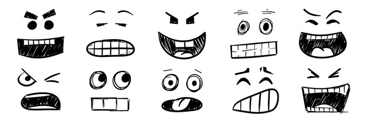 illustration: hand drawn set of various emotion smiley emoji icons isolated on white or transparent png