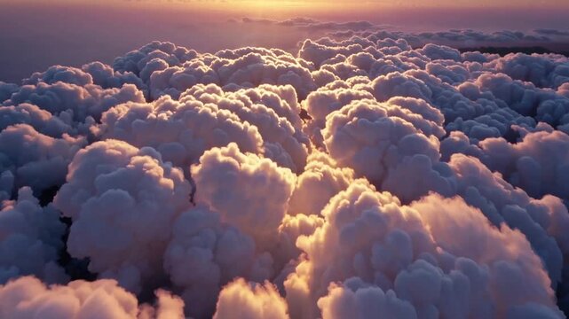 The view from aircraft window looking out over layer of condensed water vapor illuminated by the rich yellow light of the late afternoon