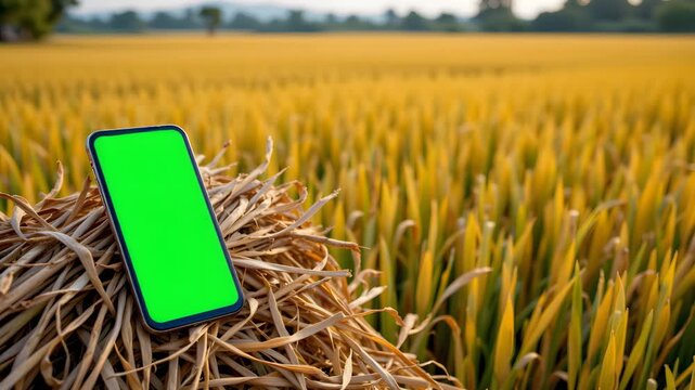 Smartphone in agricultural field: A modern smartphone with a vivid green screen rests upon a harvested bundle of wheat against a background of golden wheat fields.