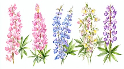 Obraz premium A collection of colorful lupin flowers in various shades including pink, blue, white, and purple, with green leaves