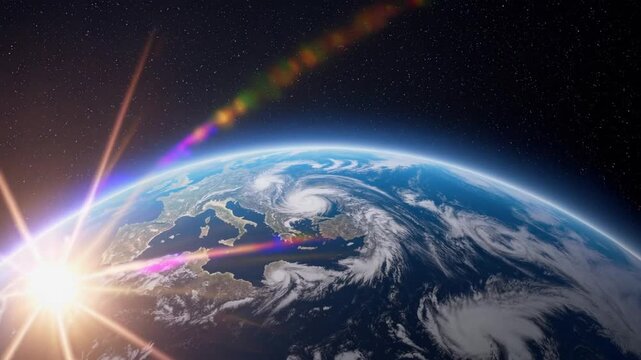 Intensely bright star with optical flare effects above the Earth's atmospheric layer, against starry space backdrop, computer-generated ry