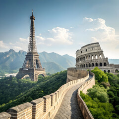 Iconic Landmarks: Eiffel Tower, Colosseum, & Great Wall in Unexpected Harmony