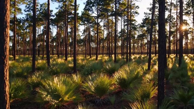 Panoramic View of Backlit Pine Forest with Saw Palmetto Understory Panoramic Shot of Longleaf Pine Forest that Shows Signs of Prescribed Fire on the Blackened Tree Trunks The Low Understory is Domina
