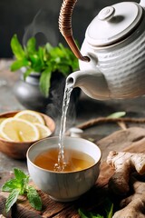 Steaming hot tea is poured into a bowl, showcasing a tranquil and inviting beverage scene.