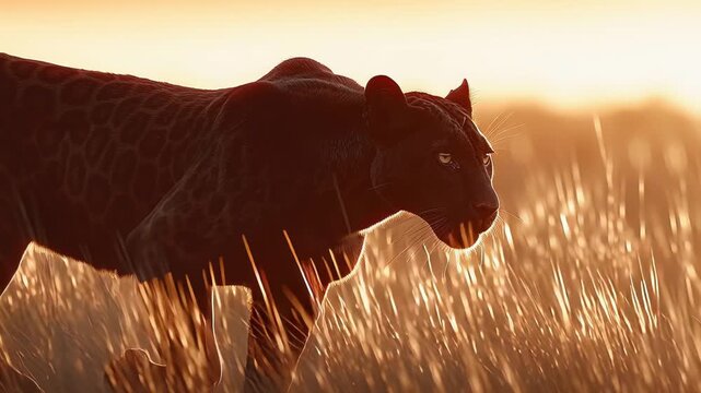 muscular black panther runs across a vast, sun-drenched tropical grassland at dawn