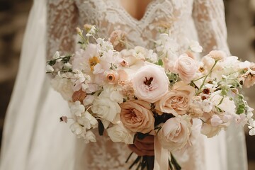 A beautiful bridal bouquet, featuring a delightful array of peach, blush, and cream colored flowers, held gently by a bride.