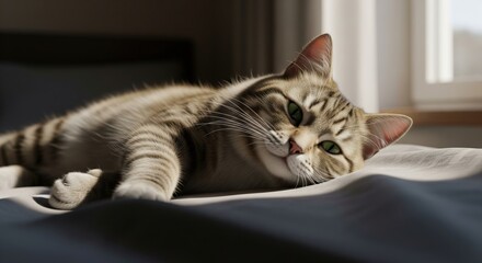 Relaxed tabby cat on a bed