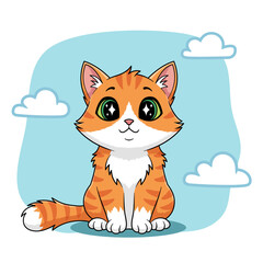Fototapeta premium Cute orange cat vector with big green eyes, sitting happily against a blue sky with clouds. Perfect for stickers, t-shirts, or kawaii-themed designs.