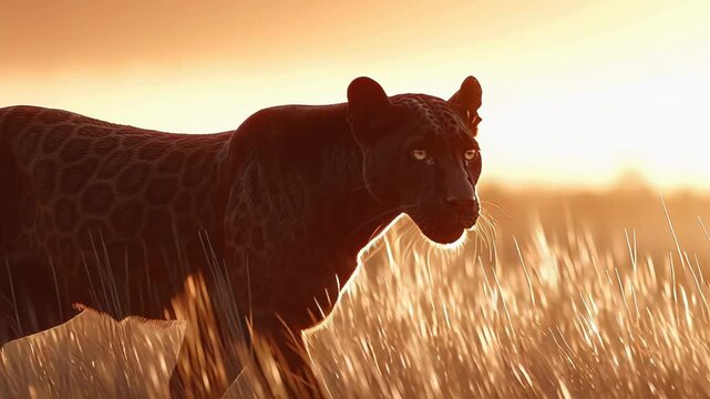 muscular black panther runs across a vast, sun-drenched tropical grassland at dawn