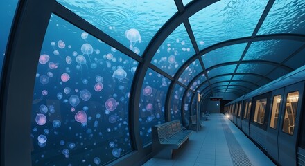 Fototapeta premium Futuristic subway station in an underwater glass tunnel with a train, surrounded by a magical swarm of glowing jellyfish in the deep ocean