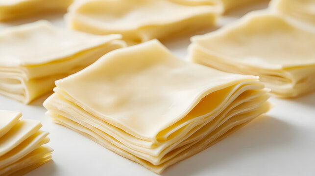 A symmetrical arrangement of lasagna sheets with slight overlaps, placed carefully on a white background, showcasing their smooth texture and golden hue.