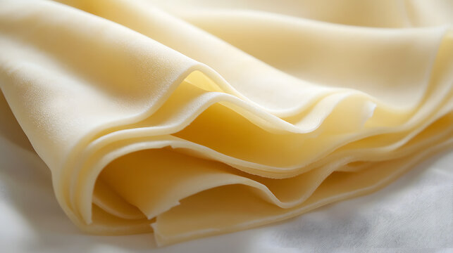 A symmetrical arrangement of lasagna sheets with slight overlaps, placed carefully on a white background, showcasing their smooth texture and golden hue.