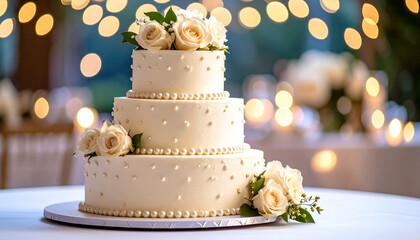Elegant three-tiered wedding cake adorned with delicate white roses and pearl accents, beautifully displayed against a soft, warm, bokeh background of twinkling lights.