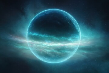 Ethereal Blue Orb Illuminates Cosmic Nebula with Radiant Glow.