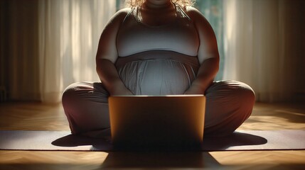 Plus-size Woman on Yoga Mat, Focused on Laptop for a Virtual Home Wellness Session, Embracing Self-care and Body Positivity in Soft Light.