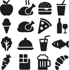 Food and drink icons set collection group. Apple, chicken, burger, pizza, carrot, fish, salad, chocolate, croissant, beer, wine, juice, cup, mug, bottle, dish, snack, meal, dessert, beverage