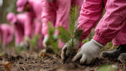 Close-up of hands in pink work suits planting young coniferous trees in dark soil, several people visible in the background, focused on reforestation efforts
