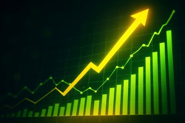 Glowing yellow arrow pointing upwards on a green bar graph showing financial growth and success