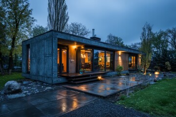 Obraz premium Small house with a large porch and a large window. The house is surrounded by trees and has a stone walkway