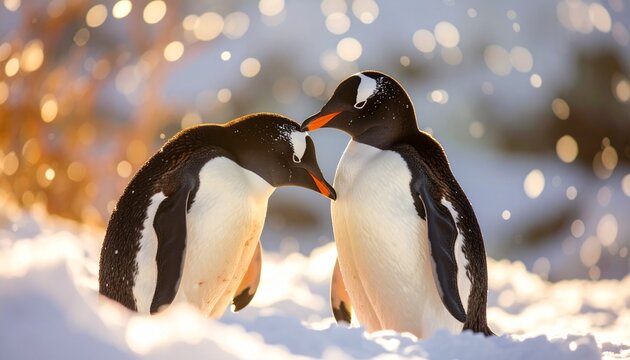 A pair of penguins interacting closely, snowy bokeh landscape, highly detailed feathe