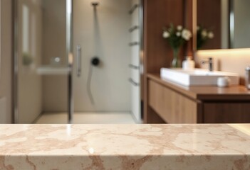Fototapeta premium Empty marble table top on blurred minimalistic luxury bathroom at apartment, white day light, clean cozy colors. Place for product display, showing products, side view