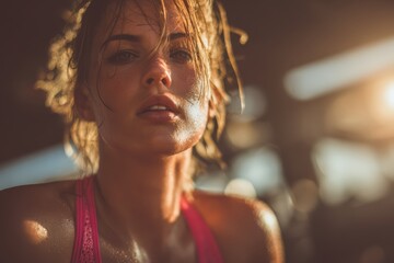 Fototapeta premium Woman with wet hair and a pink tank top is standing in front of a window. The sunlight is shining on her face