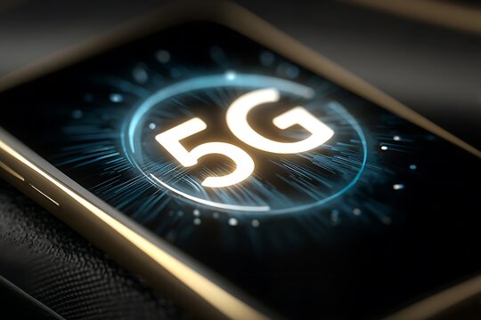 Close-up view of a modern smartphone displaying the 5G network symbol, showcasing a sleek gold frame and dark screen with glowing light effects.