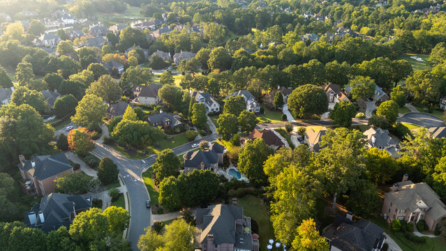 Panoramic aerial view of an upscale sub division in suburbs of USA