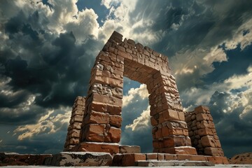 Ancient Stone Arch Ruins Against Dramatic Sunset Sky