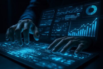 Close up of hands typing on a glowing blue illuminated keyboard with futuristic digital data visualization on screen