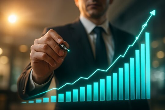Businessman in suit pointing to a glowing green upward trending bar graph with a line chart overlay