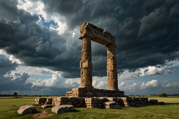 Ancient Stone Arch Ruins Against Dramatic Sunset Sky