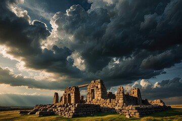 Obraz premium Ancient Stone Arch Ruins Against Dramatic Sunset Sky