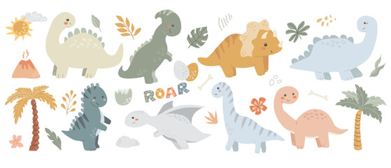 Cartoon baby dinosaurs with plants and volcano in colorful prehistoric scene. Cute dinosaurs and plants vector set, hand drawn kid's vector illustration.  © ZhumaStudio