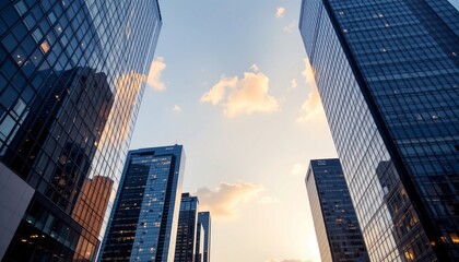 Obraz premium Reflective skyscrapers, business office buildings,cool color tone, 4K sharp professional photo. No text or logos.