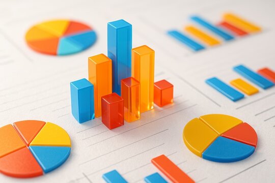Colorful 3d bar and pie charts representing financial data and business growth on a white background