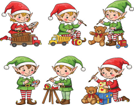 Christmas elves making toys, festive workshop illustration, holiday vector characters, cartoon gift preparation, cheerful Santa helpers, colorful stock design