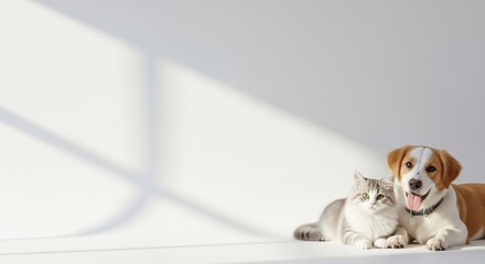 Friendly dog and cat relaxing together