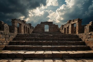 Ancient Stone Steps Leading to Dramatic Storm Clouds