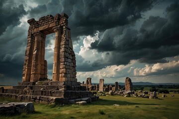 Ancient Stone Arch Ruins Against Dramatic Sunset Sky