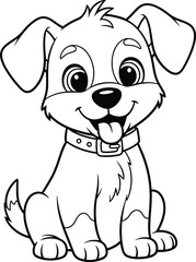 Cartoon, puppy, vector, illustration, black, white, happy, sitting, dog, cute, smiling, tongue, collar, floppy, ears, adorable, pet, child, friendly, playful, line,